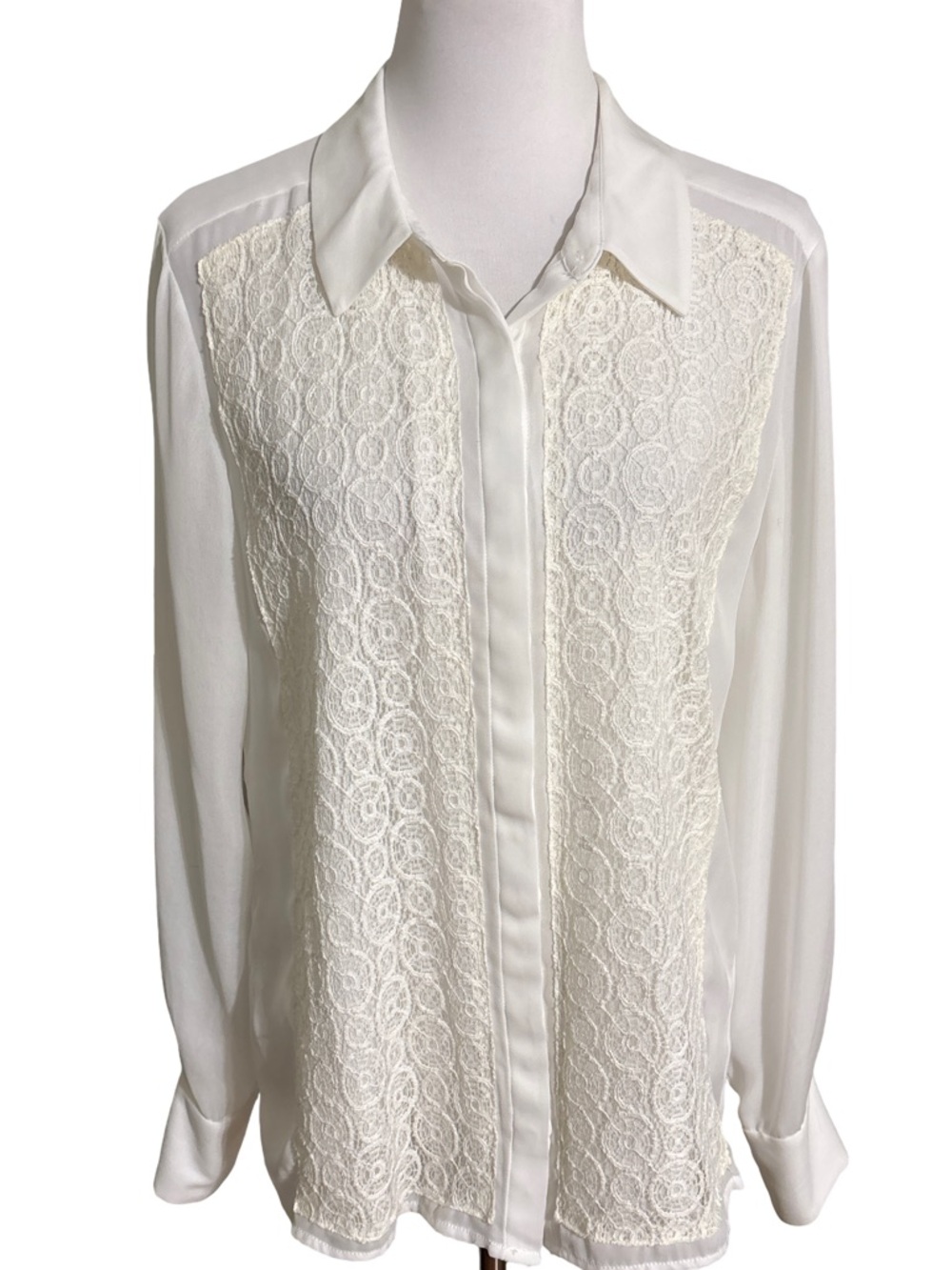 Carmen Marc Valvo Cream Lace Front Button-Down Shirt